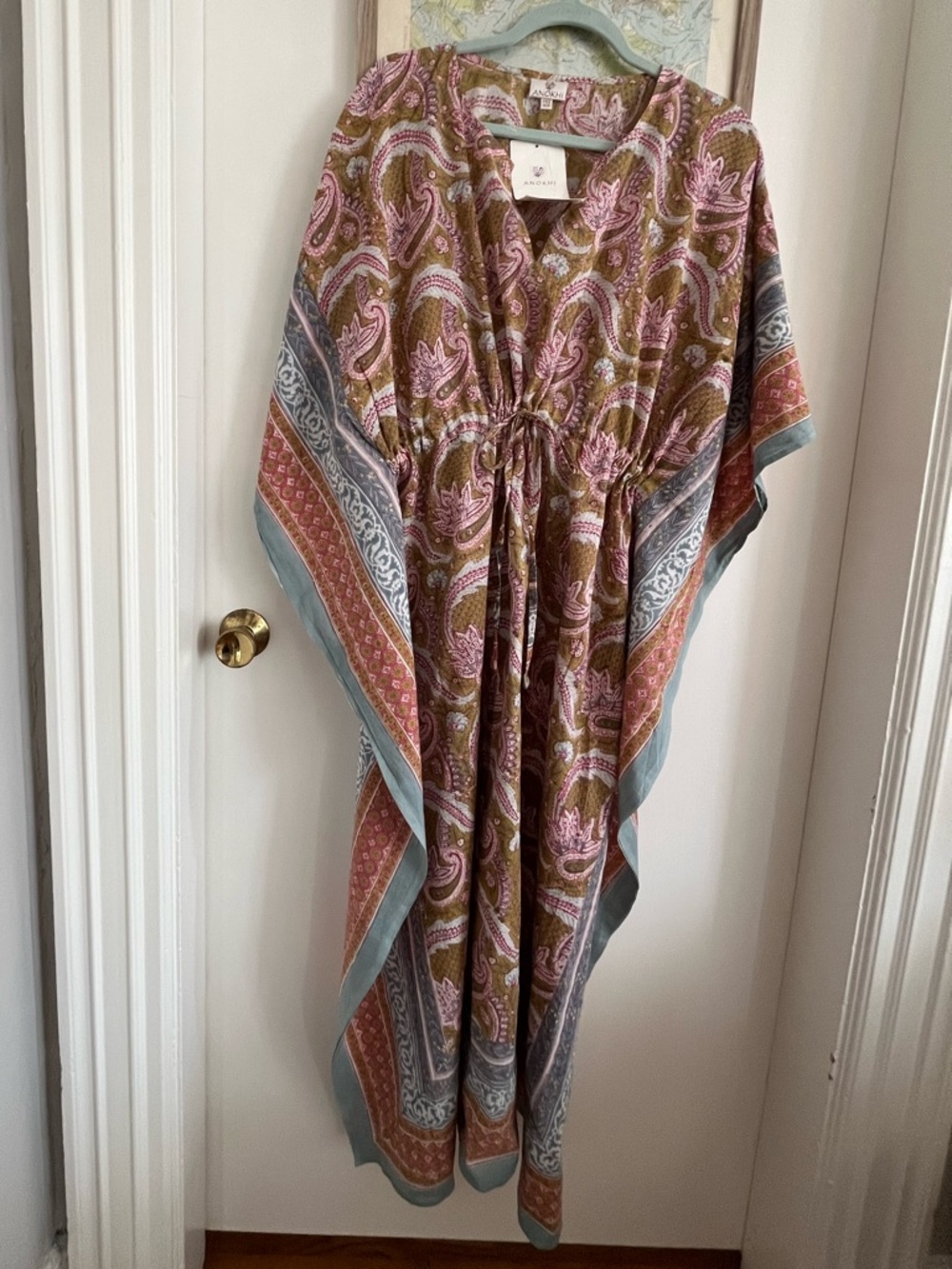 Anokhi • NWT Cotton Voile Paisley Block Print Boho Kaftan in Pink, Olive & Blue
